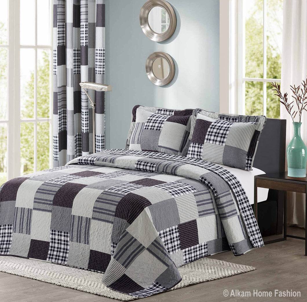 Black and Grey Modern Plaid Bedspread and Pillow Sham Set