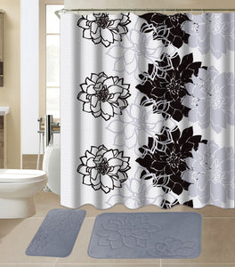 15-Piece Flower Design Bathroom Set With Matching Shower Curtain