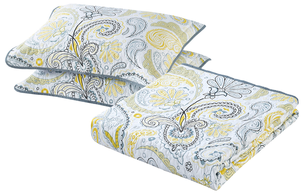 Yellow/Grey Paisley Printed Reversible Bedspread/Quilt Set